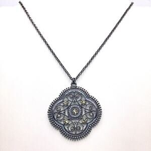 Signed Express Black Metal Faux Smoky Quartz Filigree Medallion Pendant Necklace
